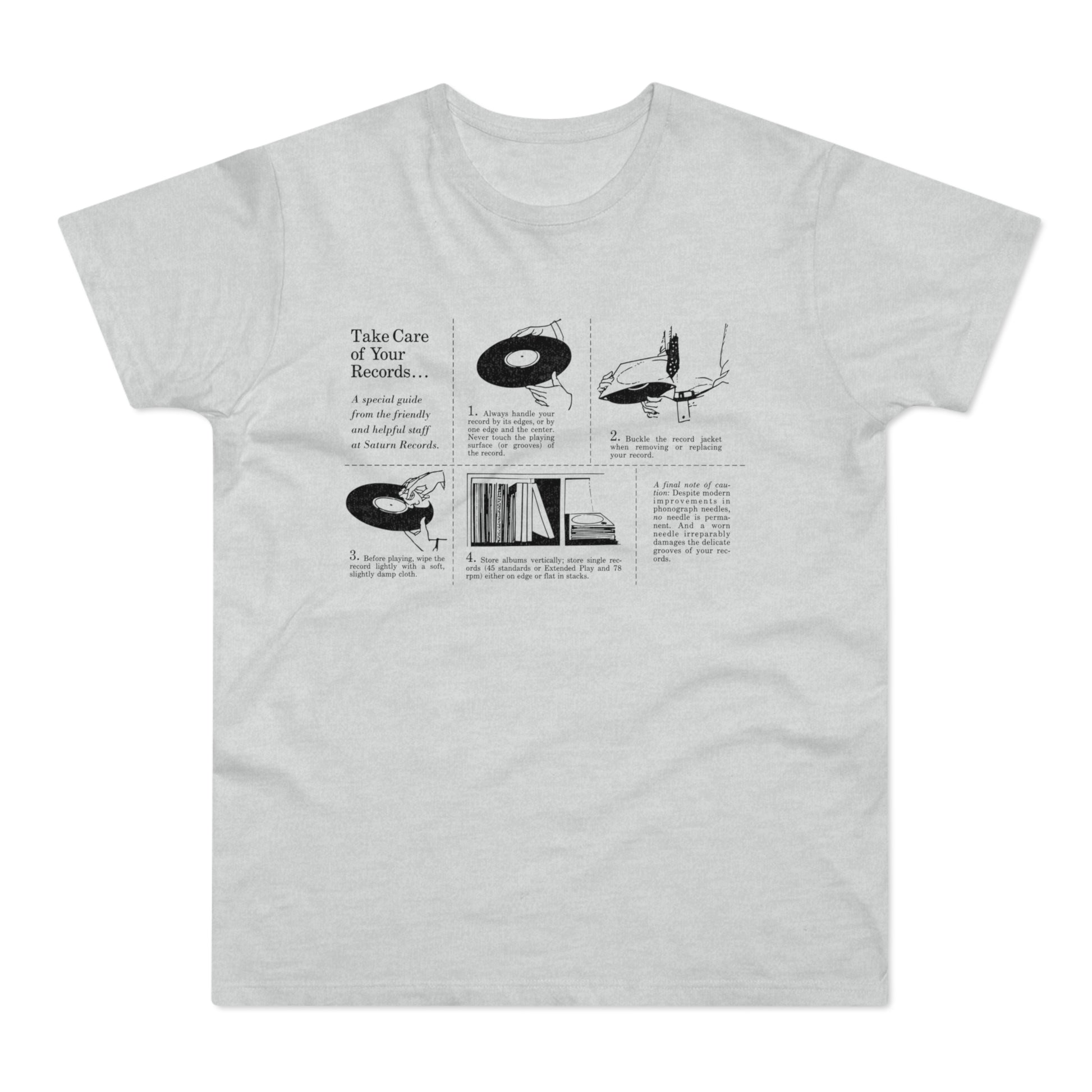 Black and white graphic detailing how to properly care for vinyl records.
