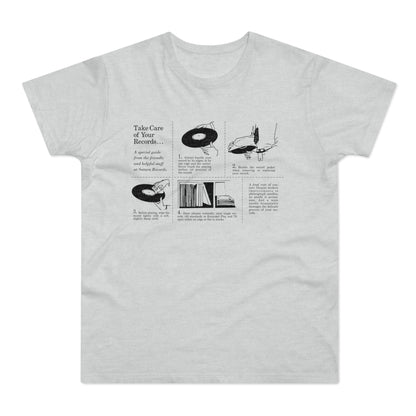 Black and white graphic detailing how to properly care for vinyl records.