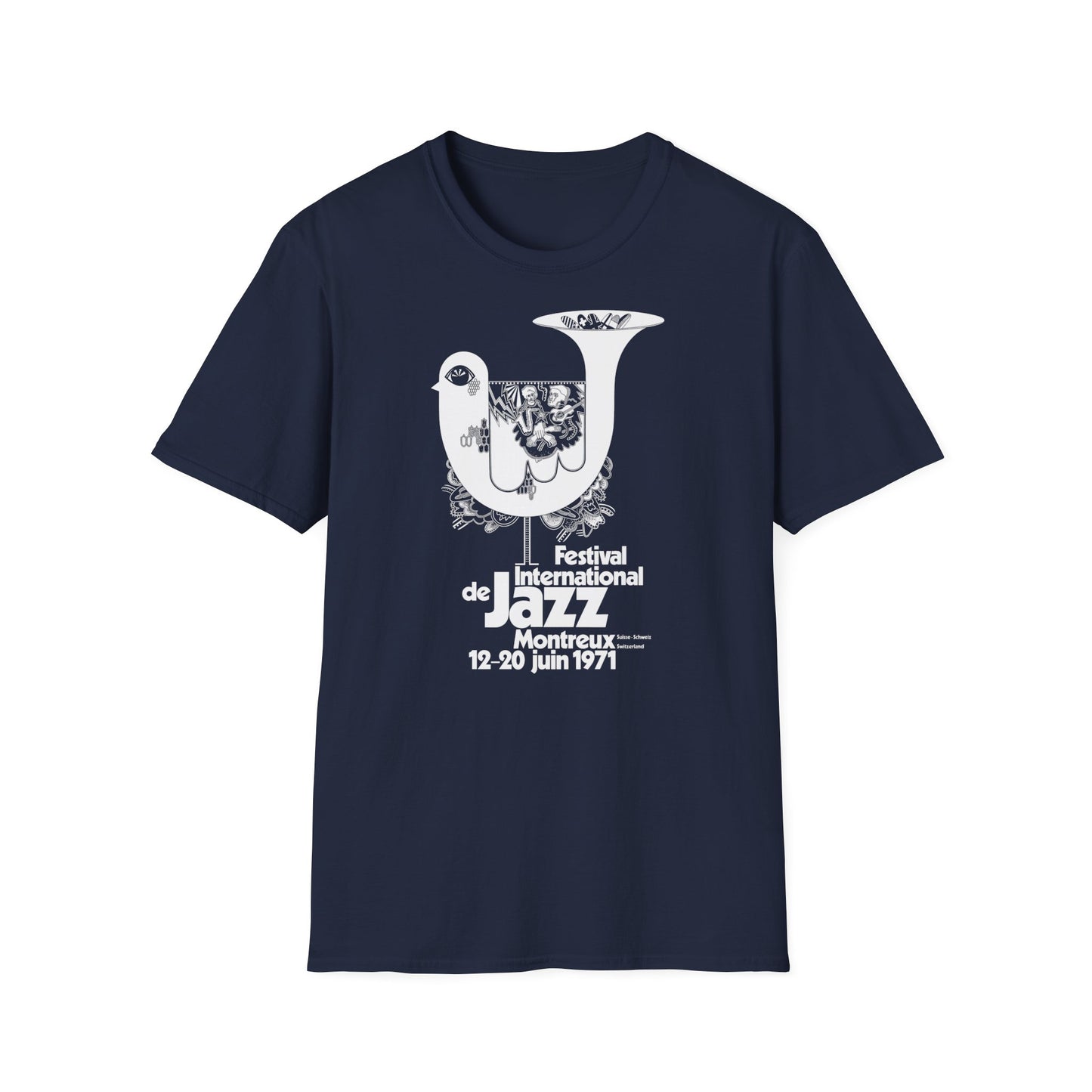 Navy blue t-shirt with white graphic for Festival International de Jazz Montreux 1971.