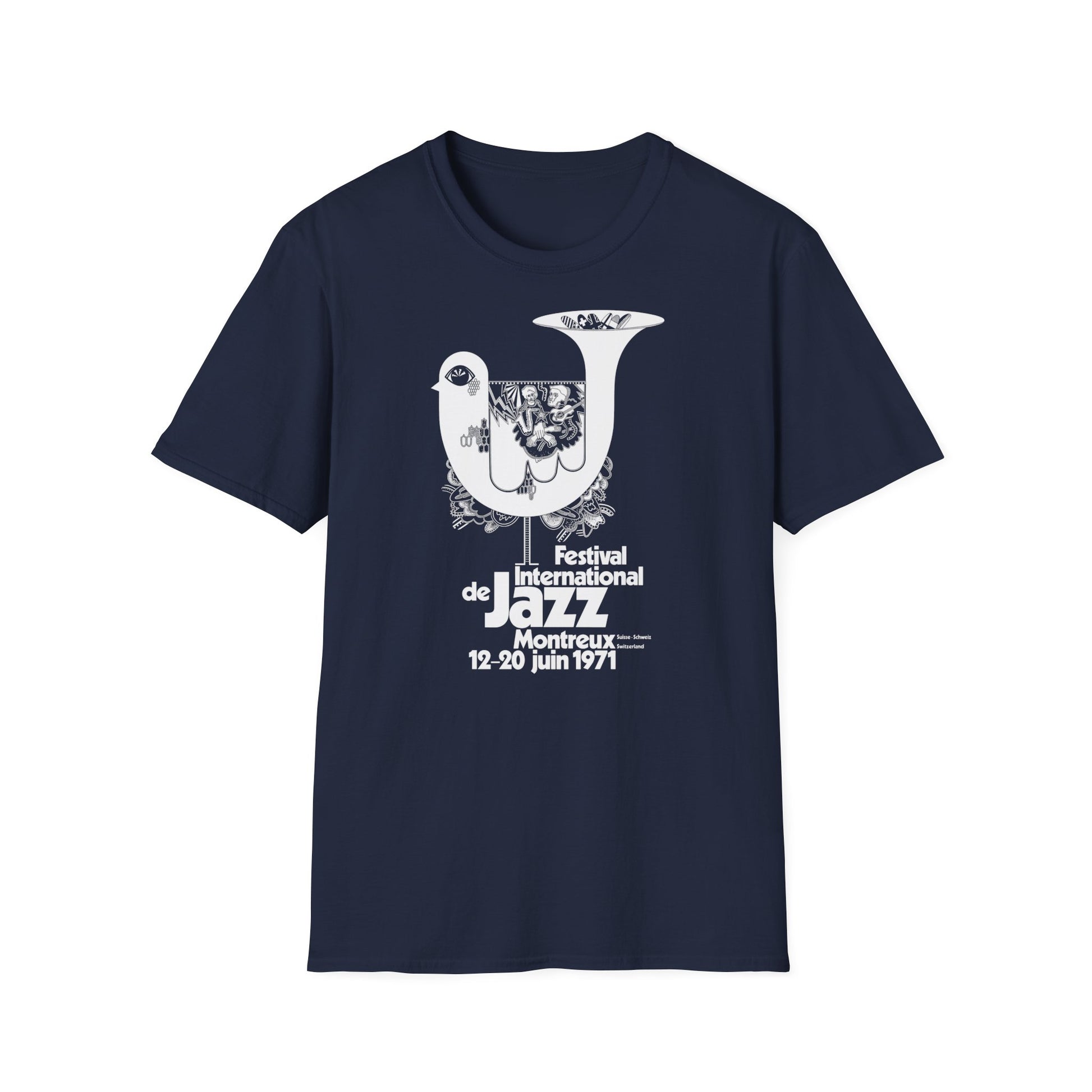 Navy blue t-shirt with white graphic for Festival International de Jazz Montreux 1971.