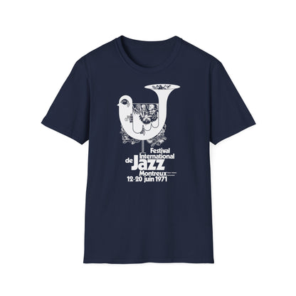 Navy blue t-shirt with white graphic for Festival International de Jazz Montreux 1971.