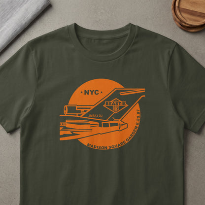 Beastie Boys NYC 3MTA3 DJ Madison Square Garden 8.20.87 graphic on dark green t-shirt.