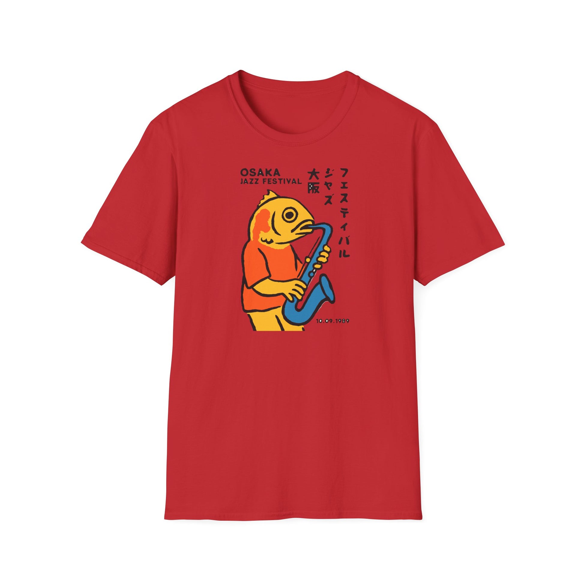 Red t-shirt with fish character playing saxophone, "Osaka Jazz Festival" text, and date 10.09.1989.