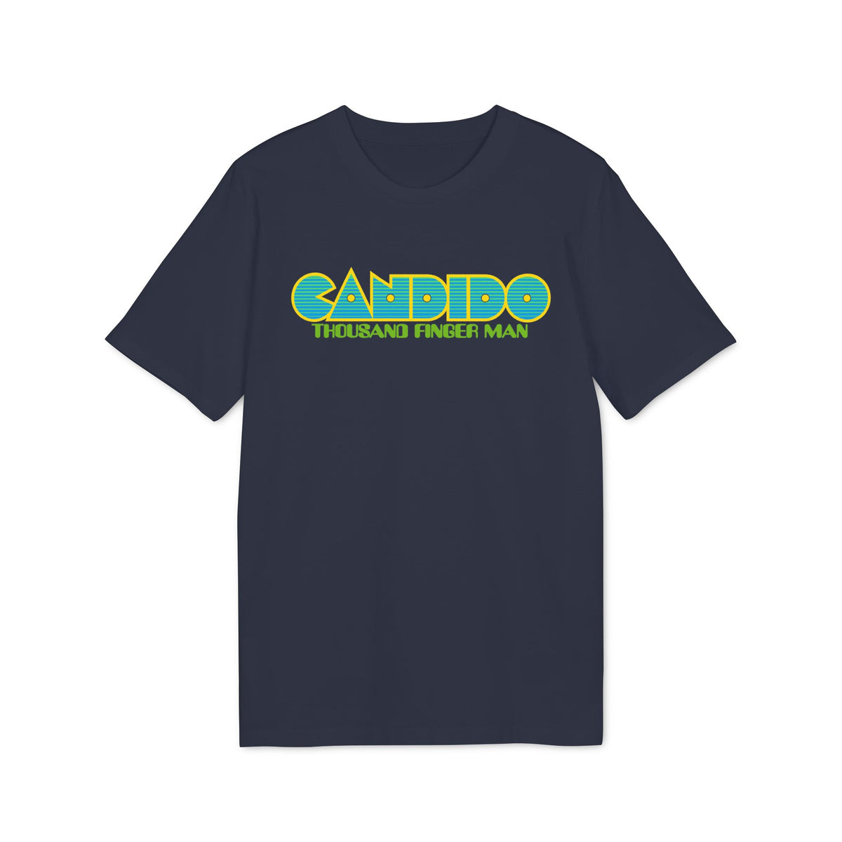 Navy t-shirt with "CANDIDO THOUSAND FINGER MAN" text graphic in blue and yellow.