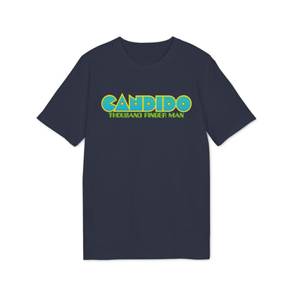 Navy t-shirt with "CANDIDO THOUSAND FINGER MAN" text graphic in blue and yellow.