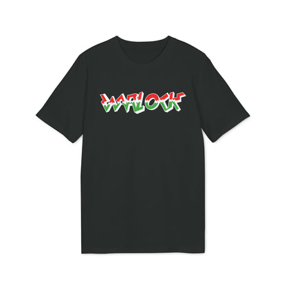 Black t-shirt with "WARLOCK" text in red and green zigzag design.