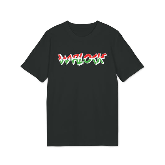 Black t-shirt with "WARLOCK" text in red and green zigzag design.