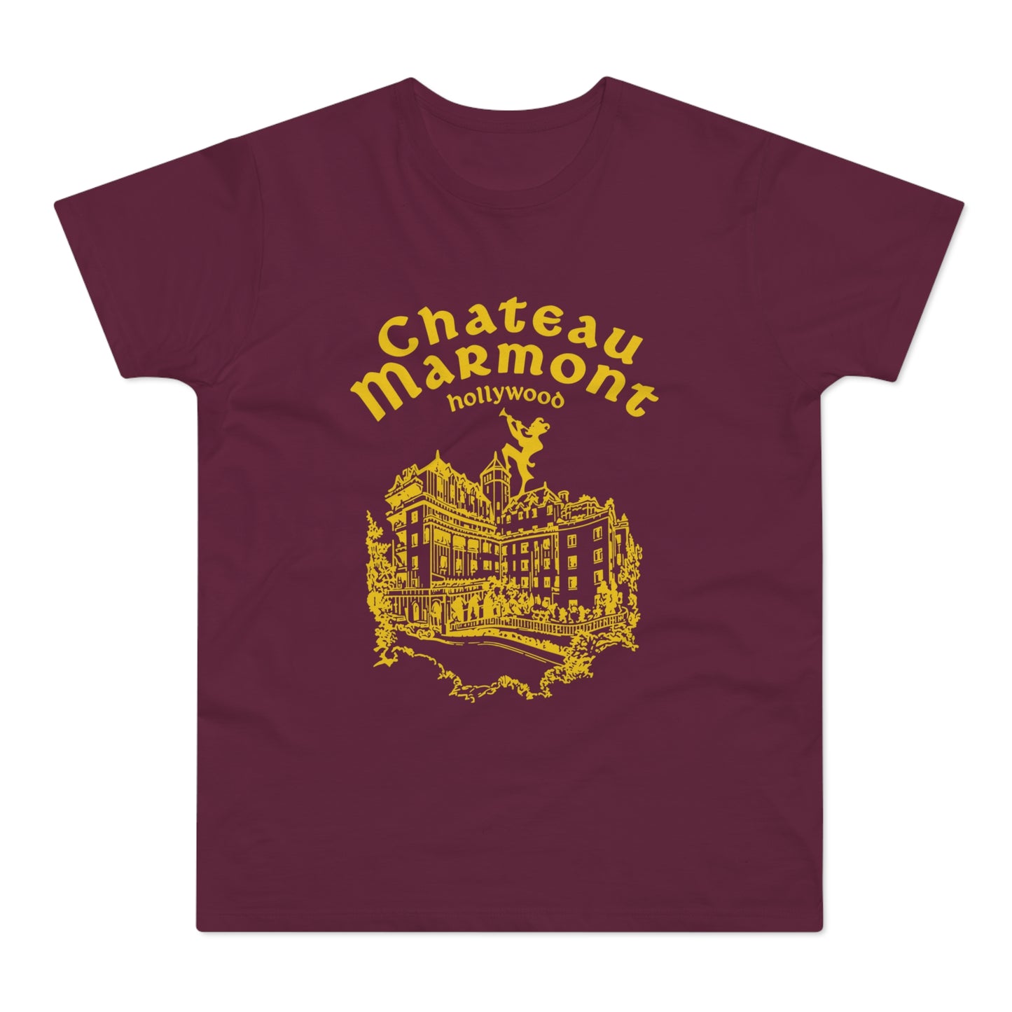 Burgundy t-shirt with yellow Chateau Marmont Hollywood text and building graphic.