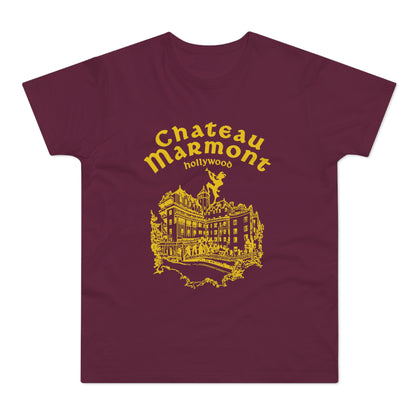 Burgundy t-shirt with yellow Chateau Marmont Hollywood text and building graphic.