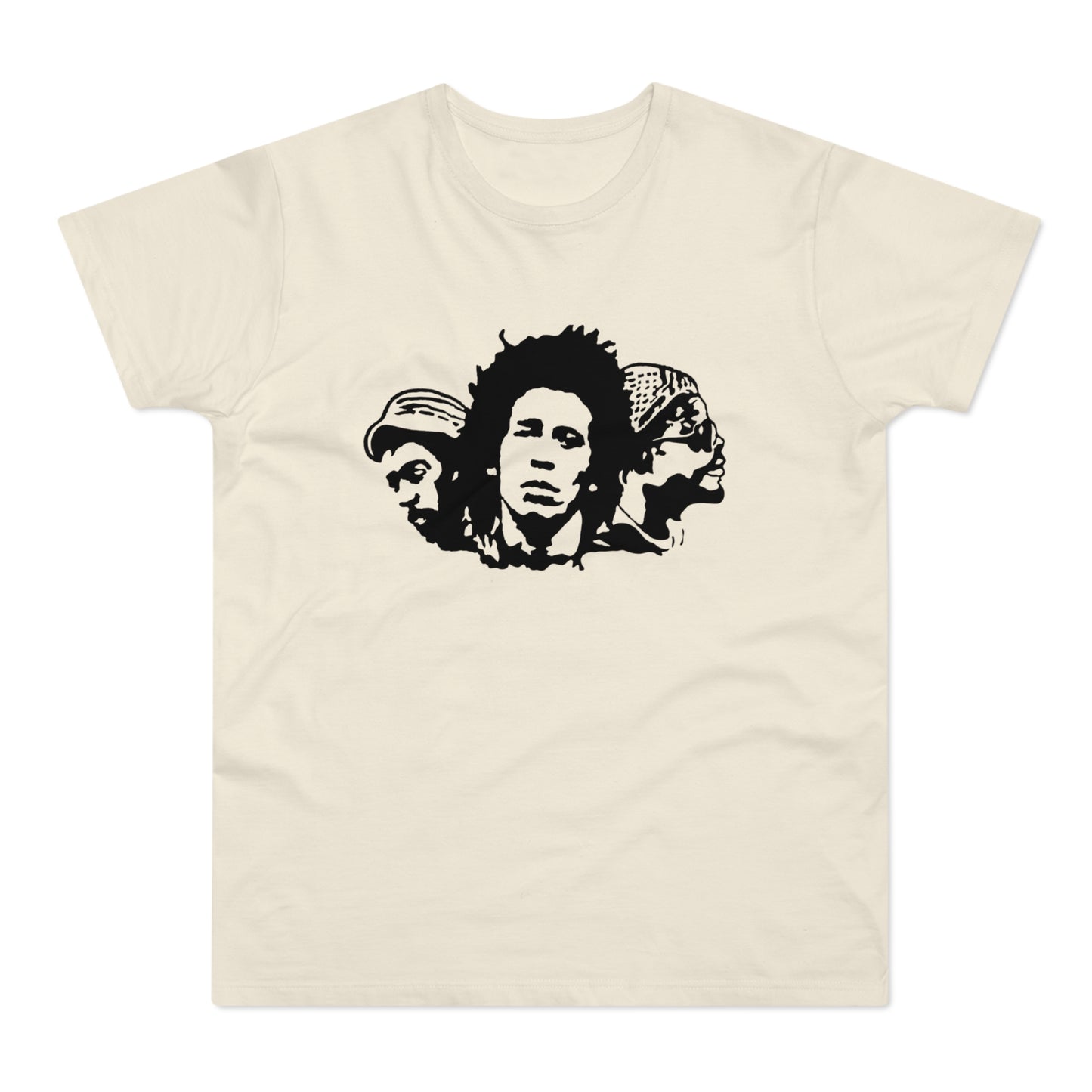 Bob Marley and two other men in a black stencil design on a cream t-shirt.