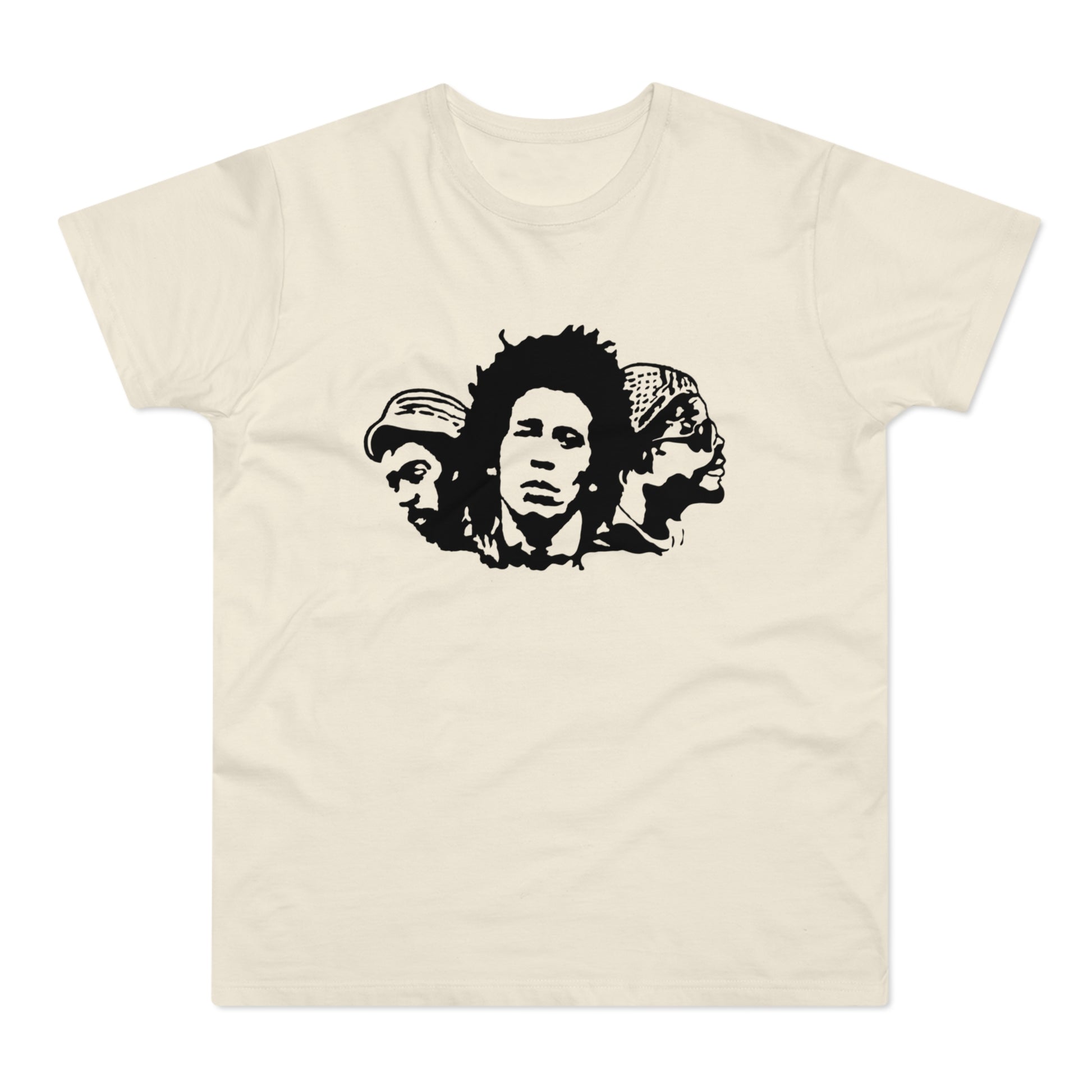 Bob Marley and two other men in a black stencil design on a cream t-shirt.
