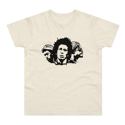 Bob Marley and two other men in a black stencil design on a cream t-shirt.