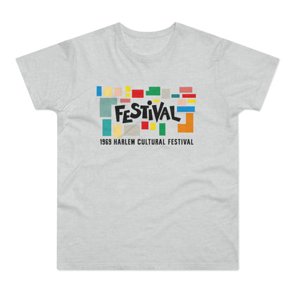 Grey t-shirt with "FESTIVAL" text and "1969 Harlem Cultural Festival" below.
