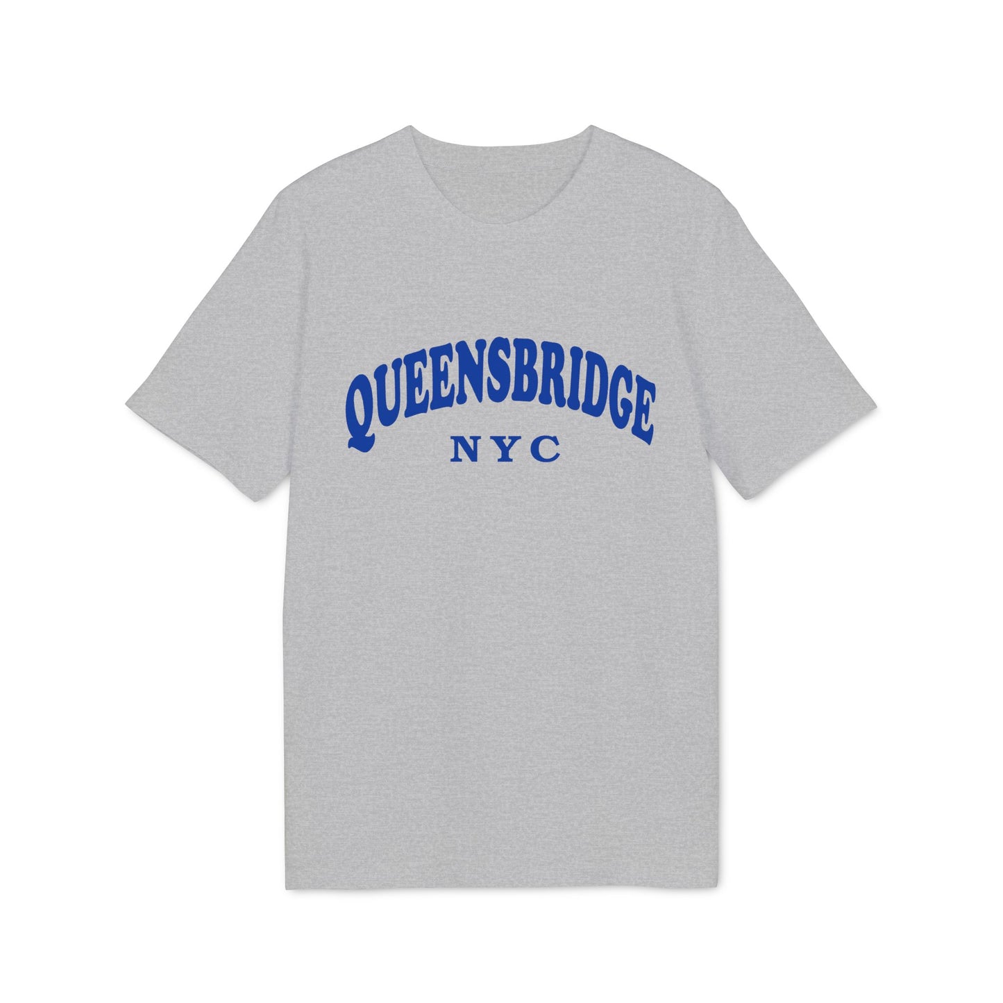 Grey t-shirt with "QUEENSBRIDGE NYC" in blue arched text.