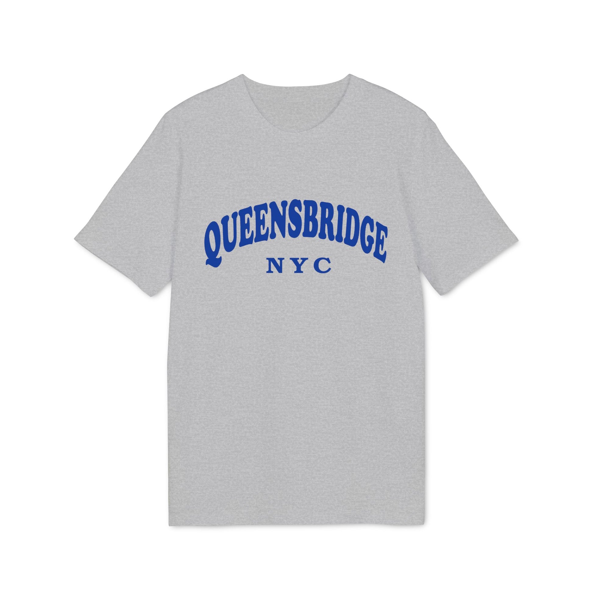 Grey t-shirt with "QUEENSBRIDGE NYC" in blue arched text.