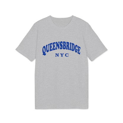 Grey t-shirt with "QUEENSBRIDGE NYC" in blue arched text.