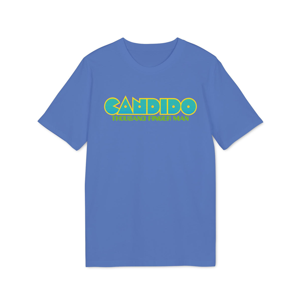 Blue t-shirt with yellow and blue striped "CANDIDO THOUSAND FINGER MAN" text.
