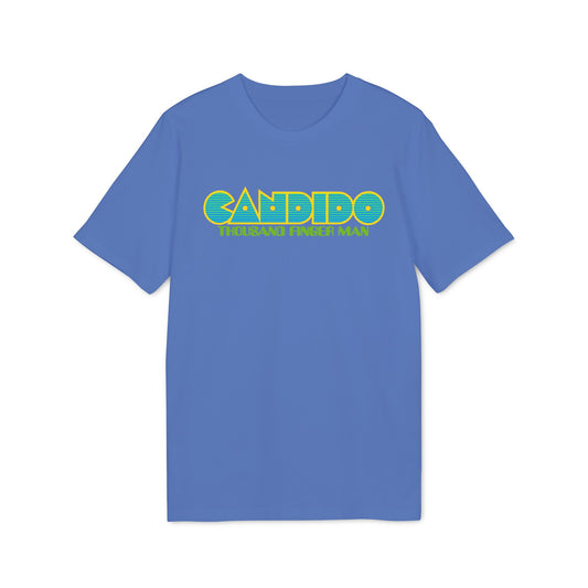 Blue t-shirt with yellow and blue striped "CANDIDO THOUSAND FINGER MAN" text.