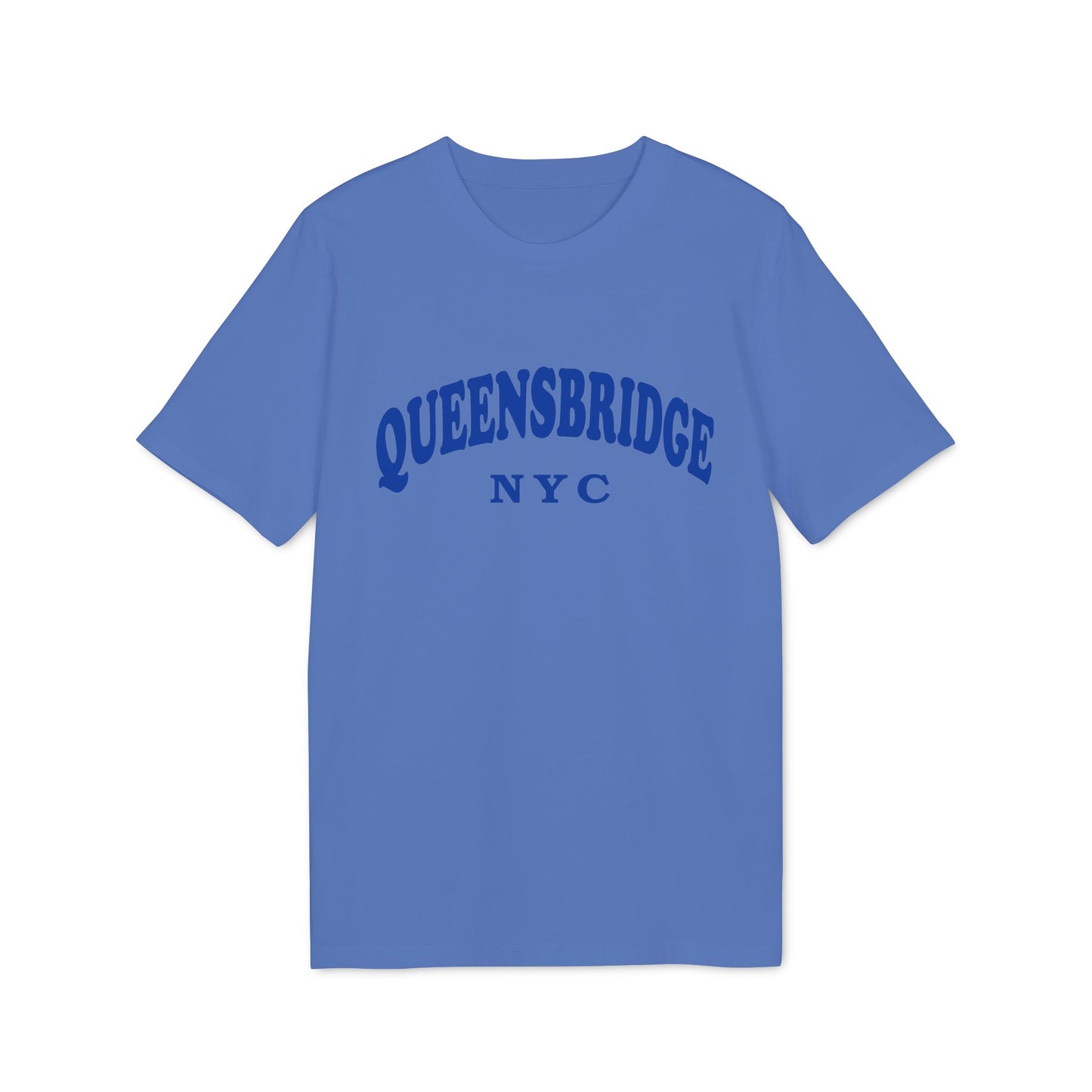 Blue t-shirt with "QUEENSBRIDGE NYC" arched logo.