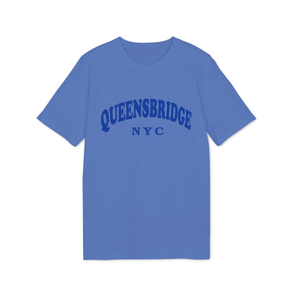 Blue t-shirt with "QUEENSBRIDGE NYC" arched logo.