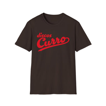 Dark brown t-shirt with red "discos Curro" logo.