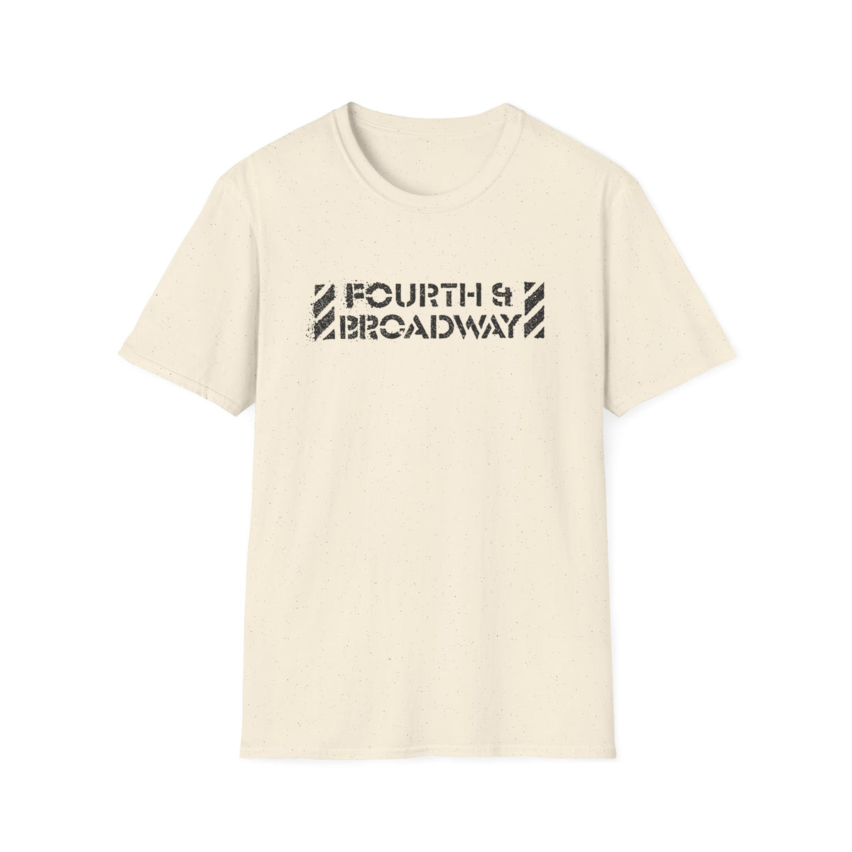 Cream t-shirt with black "FOURTH & BROADWAY" text graphic.