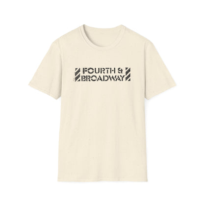 Cream t-shirt with black "FOURTH & BROADWAY" text graphic.