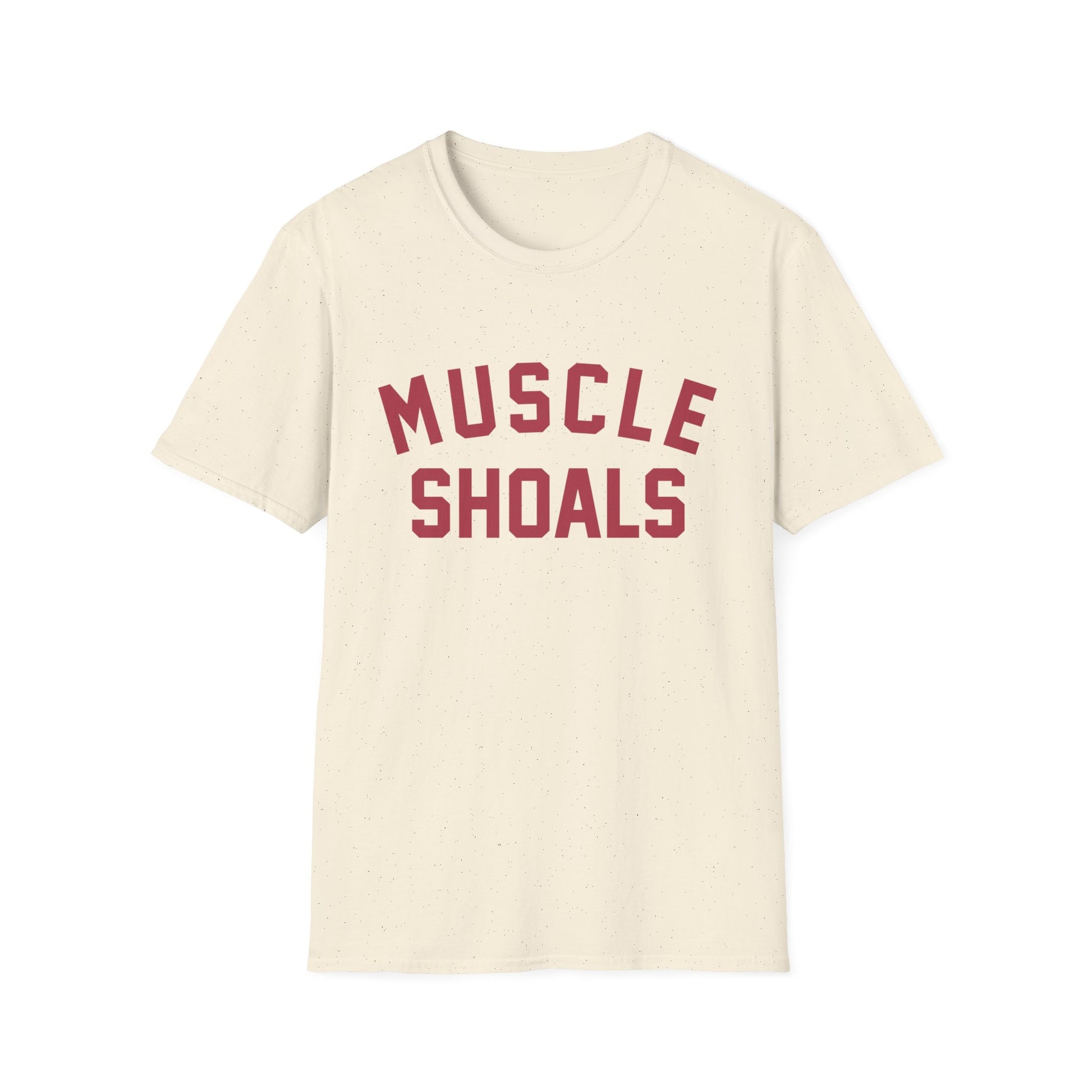 Cream t-shirt with maroon "MUSCLE SHOALS" text.