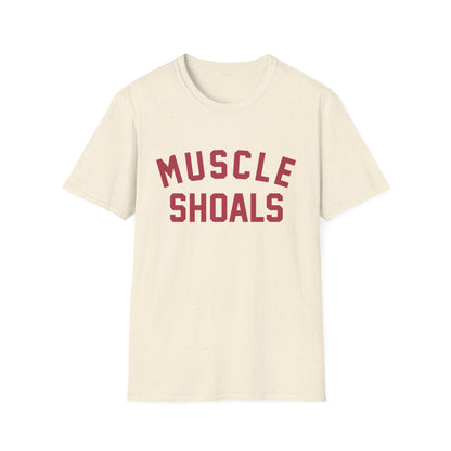 Cream t-shirt with maroon "MUSCLE SHOALS" text.