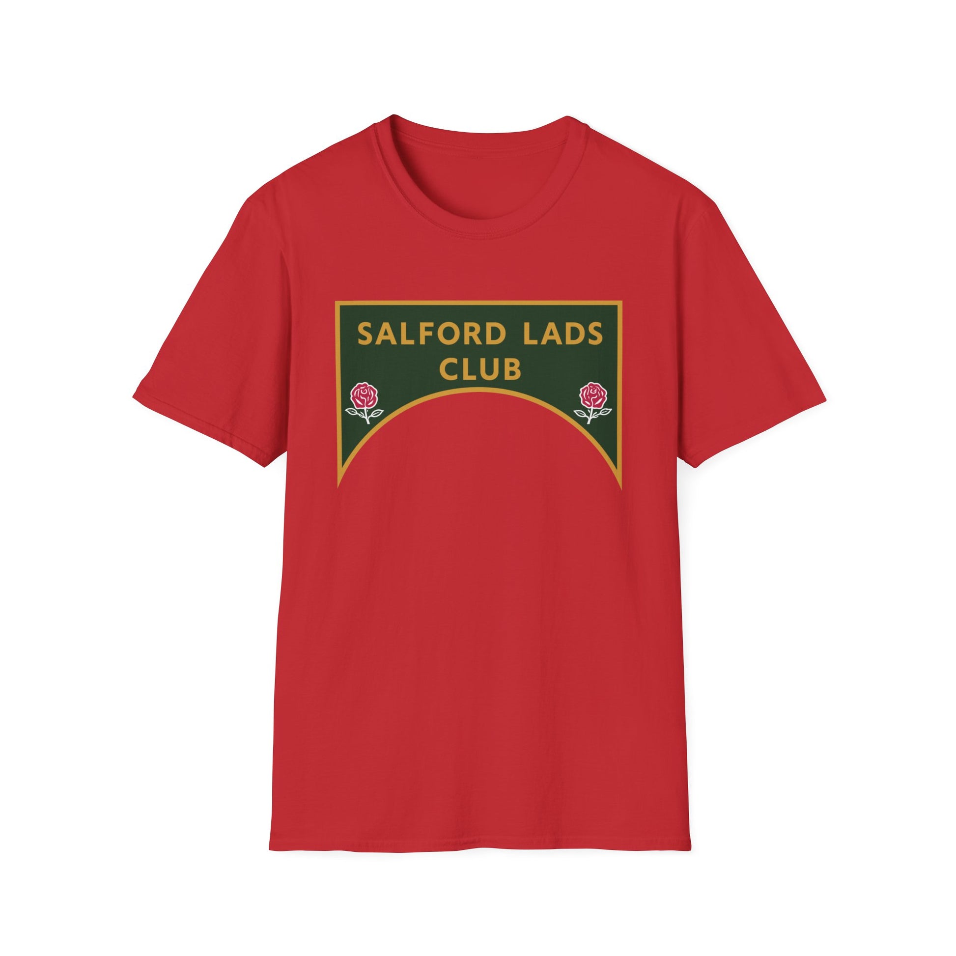 Red t-shirt with a green and gold "Salford Lads Club" logo featuring roses.