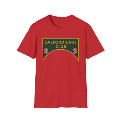 Red t-shirt with a green and gold "Salford Lads Club" logo featuring roses.
