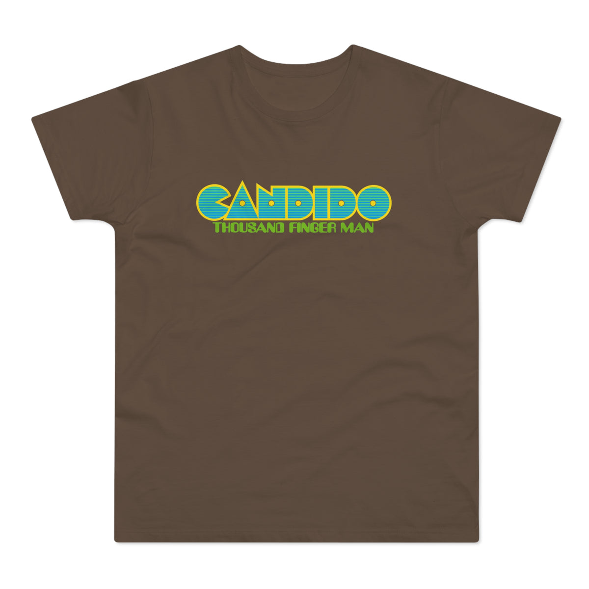 Brown t-shirt with "CANDIDO THOUSAND FINGER MAN" text logo.