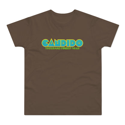 Brown t-shirt with "CANDIDO THOUSAND FINGER MAN" text logo.