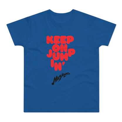 Blue t-shirt with red text "KEEP ON JUMP IN'" and black script "Musique".
