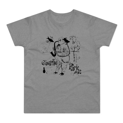 Cartoon bird playing a saxophone with "Charlie Parker" text.