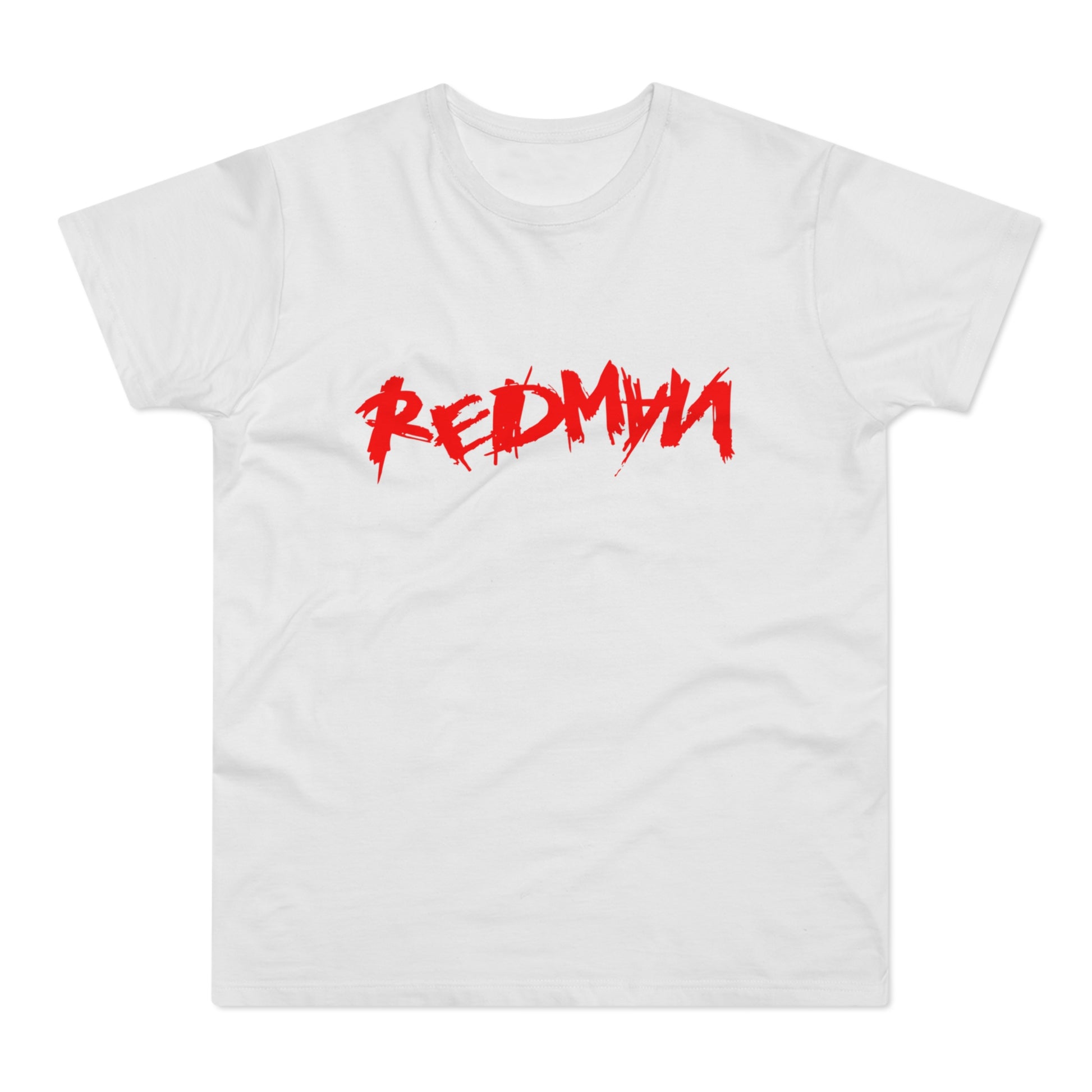 White t-shirt with red brushstroke logo "REDMAN" across the chest.