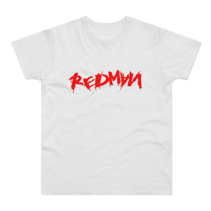 White t-shirt with red brushstroke logo "REDMAN" across the chest.