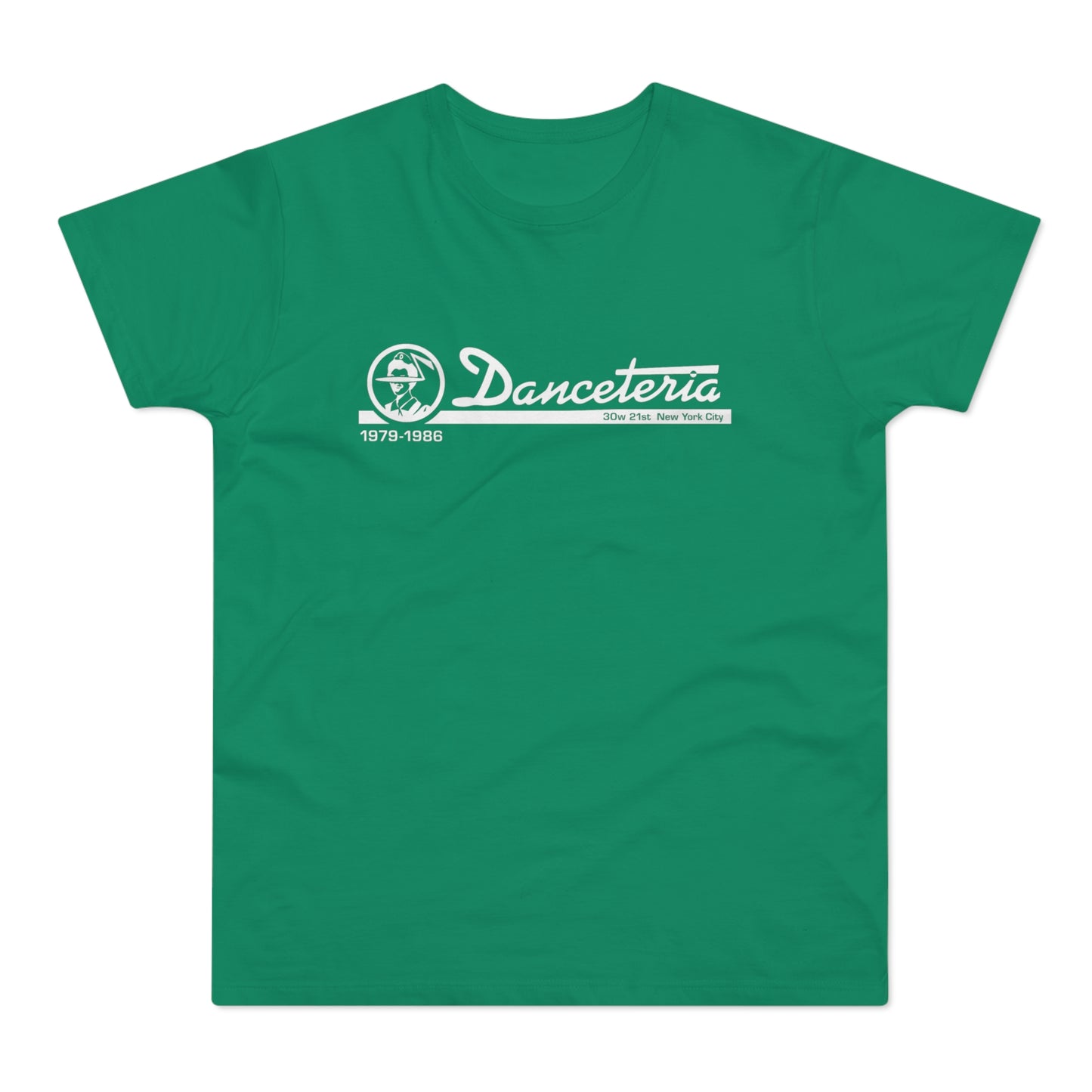 Green t-shirt with white "Danceteria 1979-1986 30w 21st New York City" logo.