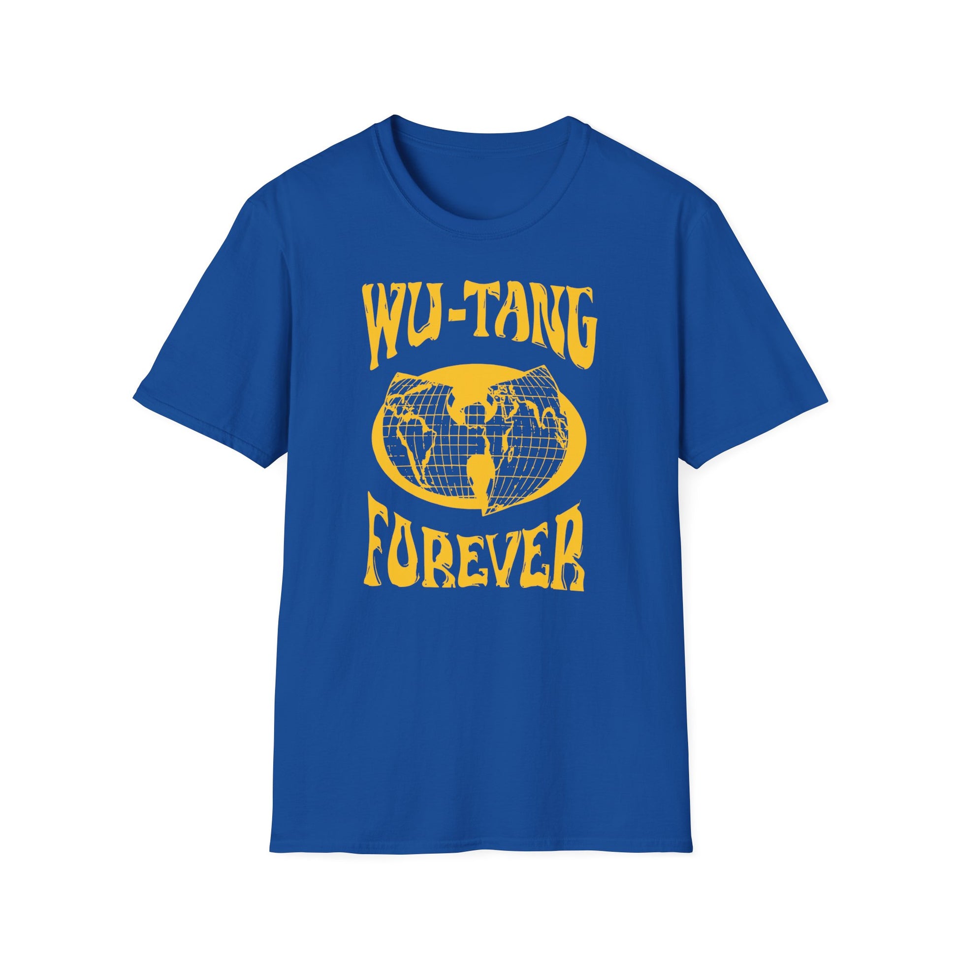 Blue t-shirt with "WU-TANG FOREVER" text and a globe design.