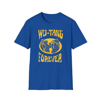 Blue t-shirt with "WU-TANG FOREVER" text and a globe design.