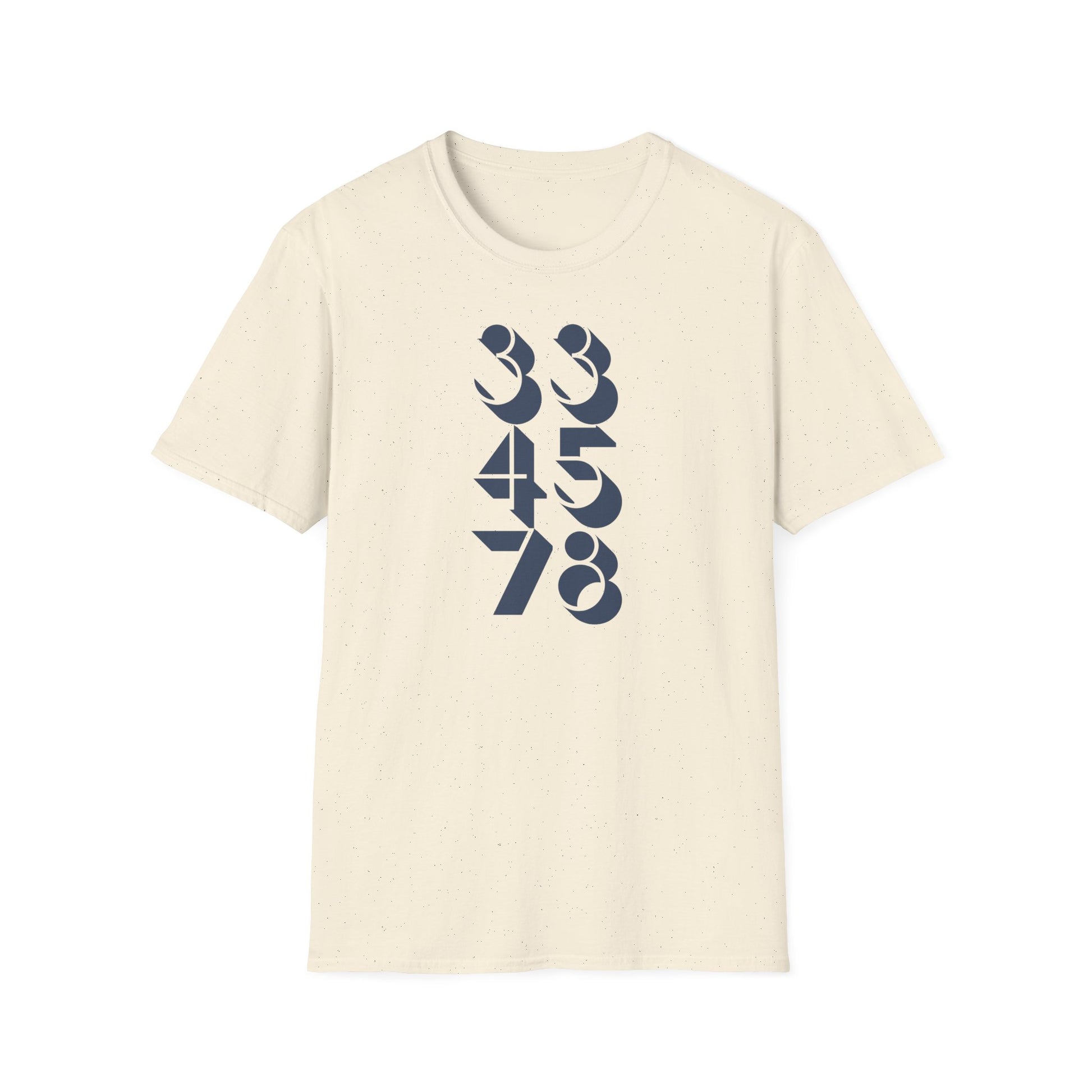 Cream t-shirt with navy blue numbers 33, 45, and 78 printed vertically.