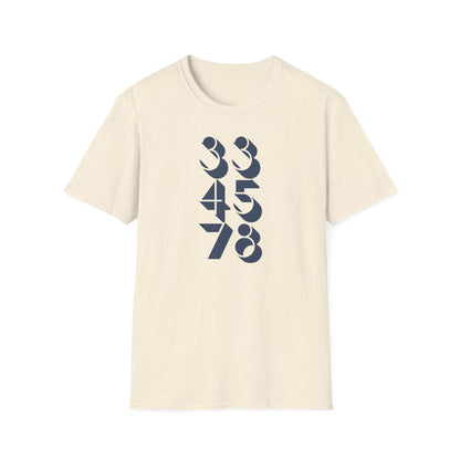 Cream t-shirt with navy blue numbers 33, 45, and 78 printed vertically.