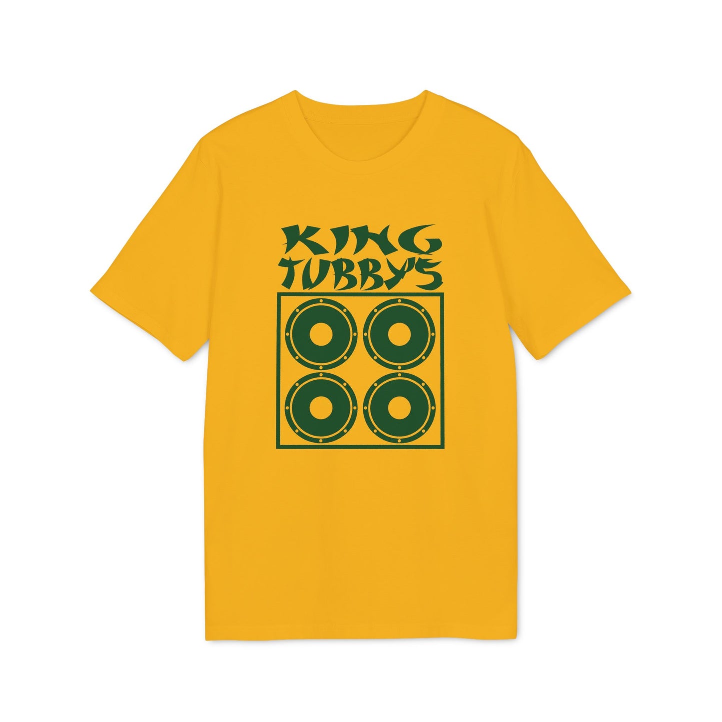 Yellow t-shirt with green King Tubby's text and speaker graphic.