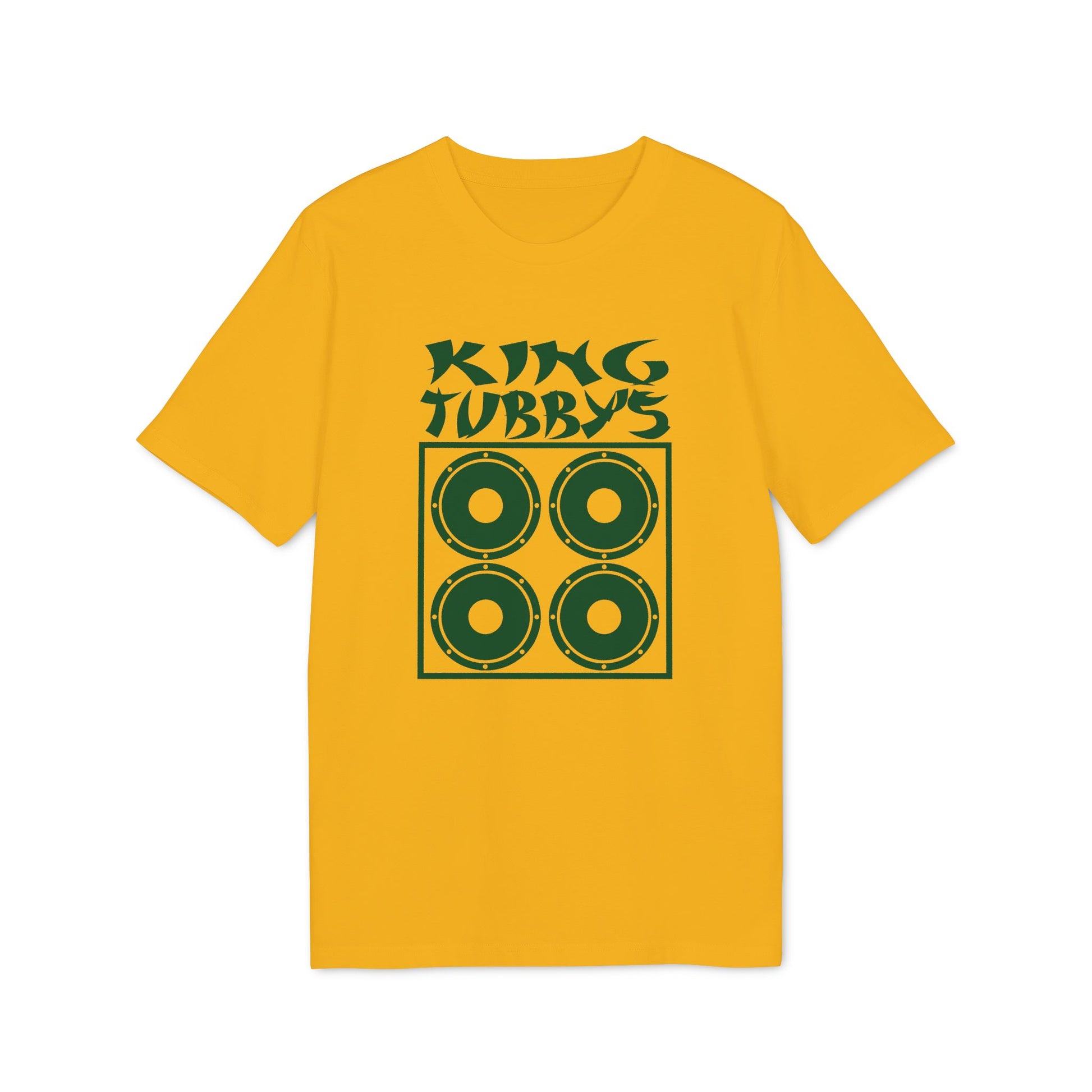 Yellow t-shirt with green King Tubby's text and speaker graphic.