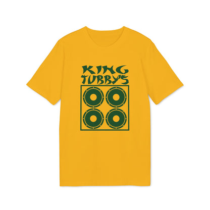 Yellow t-shirt with green King Tubby's text and speaker graphic.