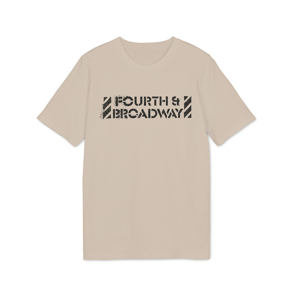 Tan t-shirt with black "FOURTH & BROADWAY" text in distressed stencil font.