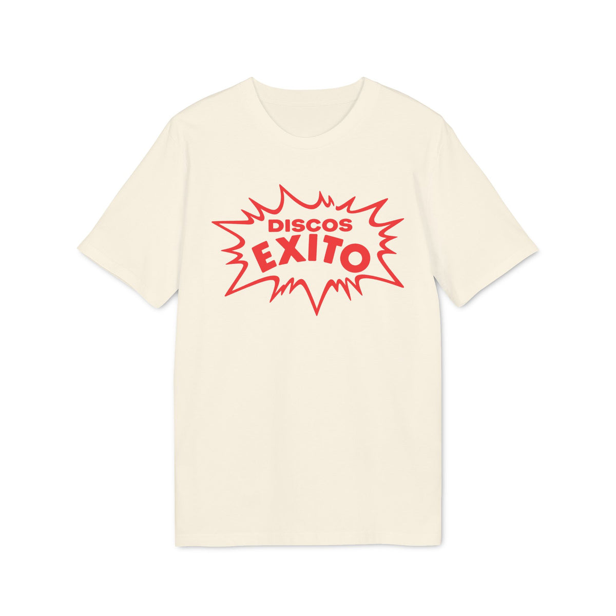 Cream t-shirt with red "Discos Exito" graphic in a burst shape.