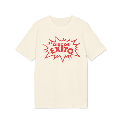 Cream t-shirt with red "Discos Exito" graphic in a burst shape.