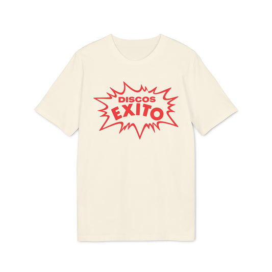 Cream t-shirt with red "Discos Exito" graphic in a burst shape.