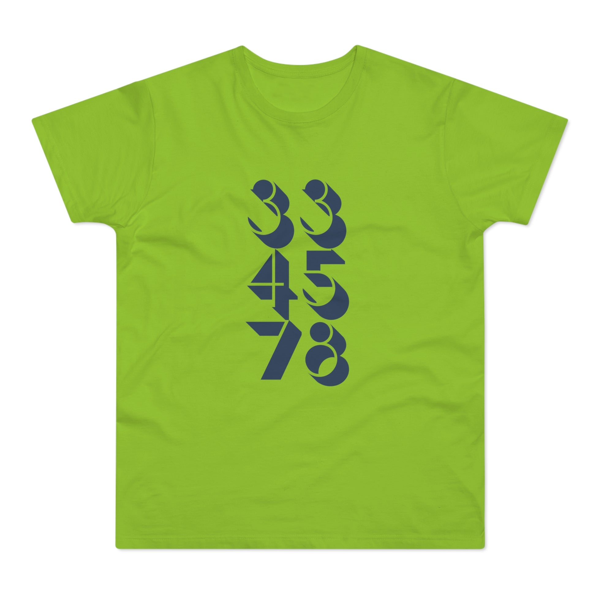 Lime green t-shirt with stacked navy blue numbers 33, 45, 78.